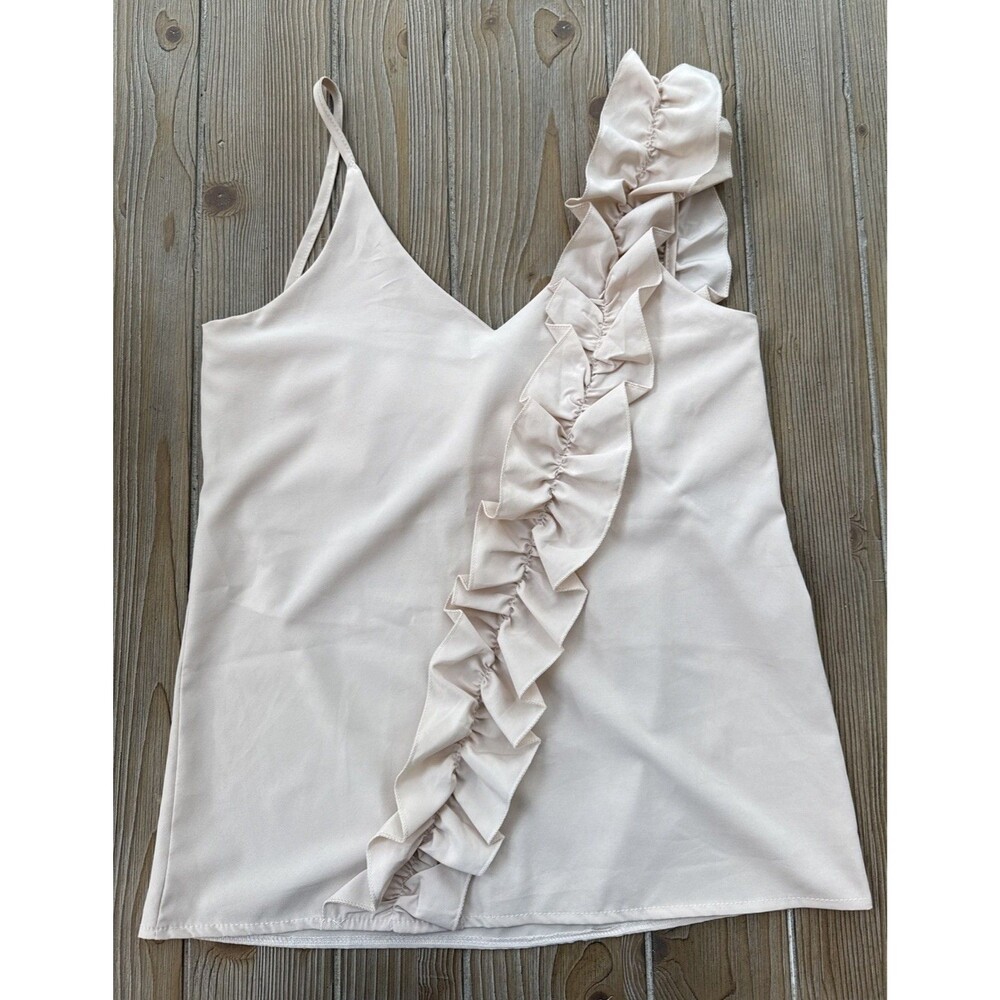 Women’s Beige Pink V Neck Backless Ruffled Spaghetti Strap Blouse Top - Small